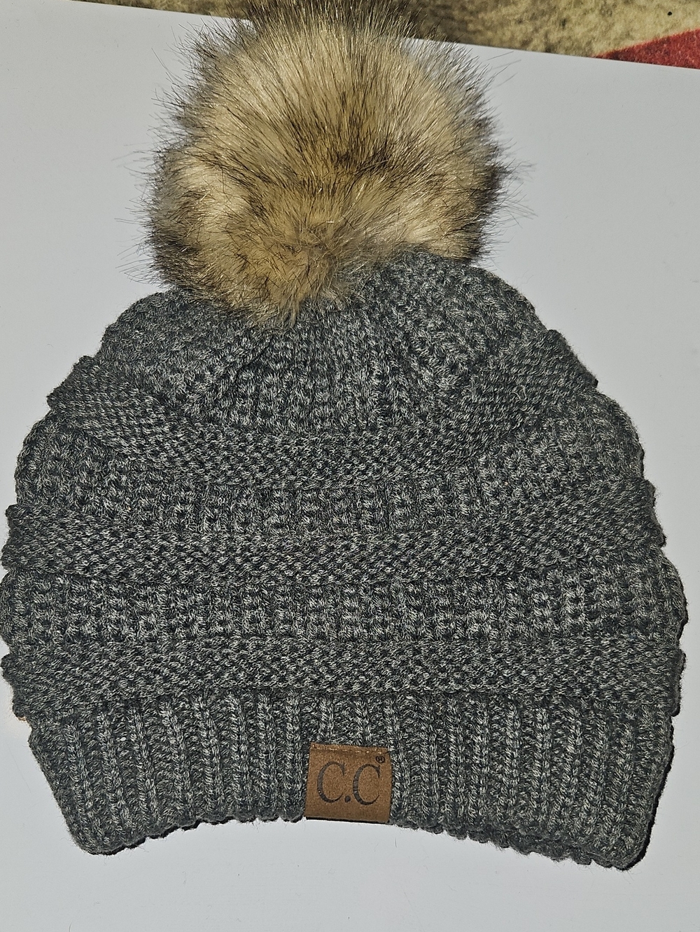 C.C Gray Knit Beanie with Brown Faux Fur Pom